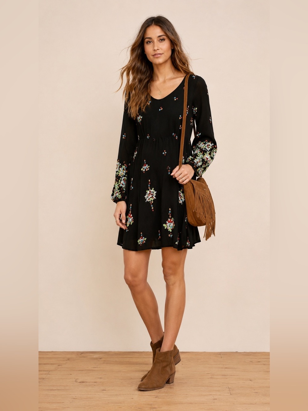 Free People Oxford Embroidered Mini Dress Black Floral Festival XS (Oversized)